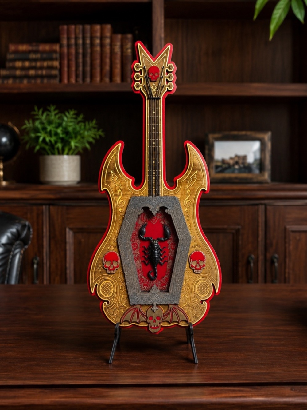Scorpion Guitar Display with Stand, Layered Wood Decor, 12 x 24 Inches